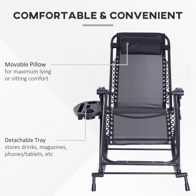 Zero-gravity rocking lounge chair with movable pillow, gray seat, black frame and cup holder tray