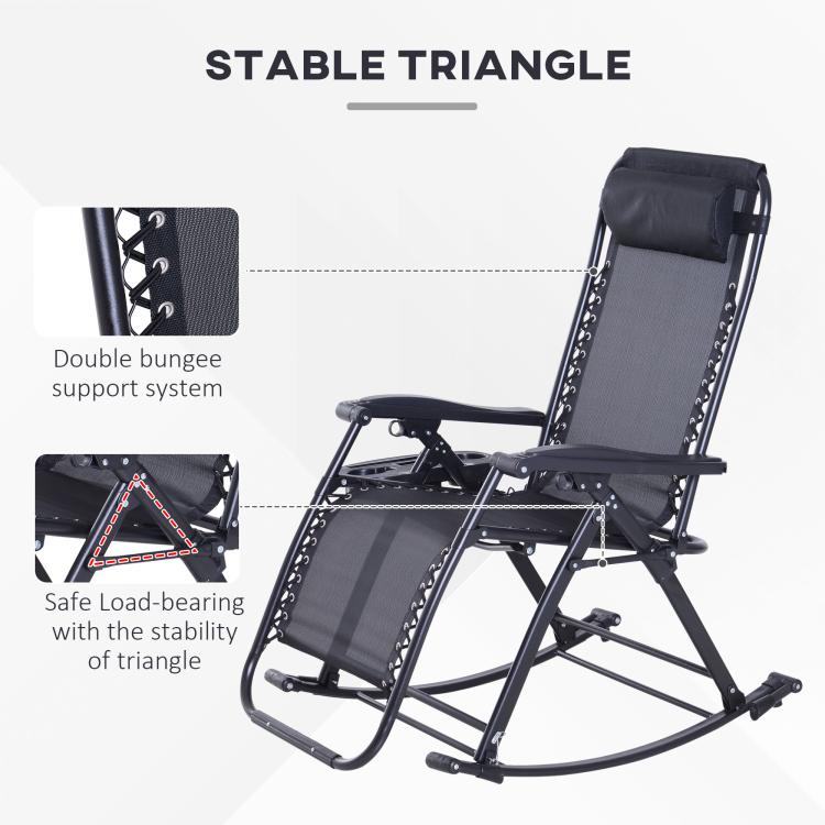 Zero-gravity rocking lounge chair with stable triangle base, gray fabric seat, black frame