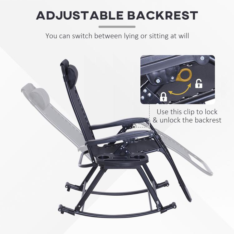Adjustable backrest folding rocking chair with gray seat, black frame, lock clip detail