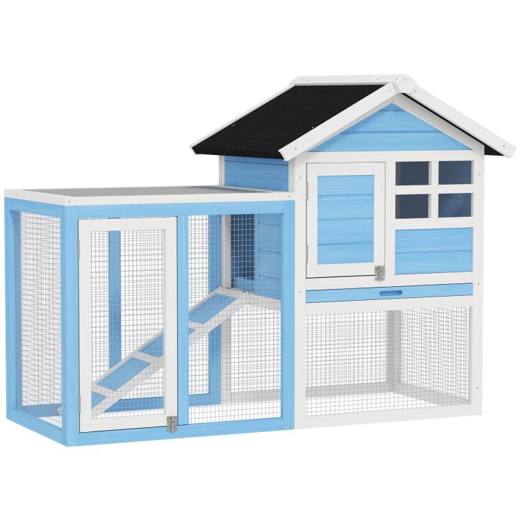 Light blue wooden rabbit hutch with black roof, wire run, and access door
