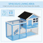 Outdoor rabbit hutch with spacious wire run, light blue panels and black roof