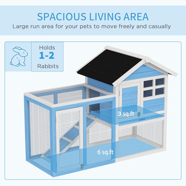 Outdoor rabbit hutch with spacious wire run, light blue panels and black roof