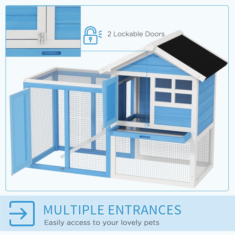 Rabbit hutch with two lockable doors, light blue wire pen, black roof