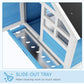 Rabbit hutch interior view with slide-out tray under black roof opening