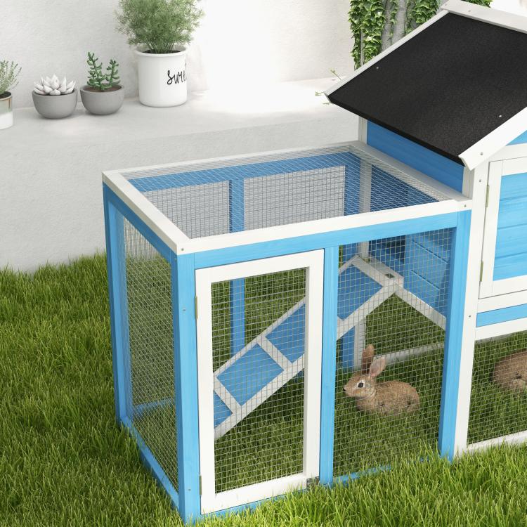 Light blue rabbit hutch with wire run, open front door, rabbit inside on grass