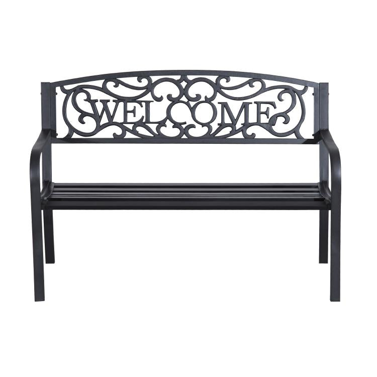 Black 2-person garden bench loveseat with "WELCOME" decorative back panel and slatted seat.