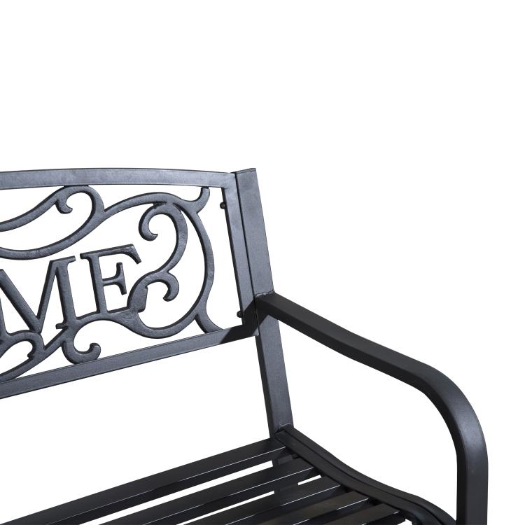 Dark cast-iron welcome vines garden bench with armrests and slatted seat