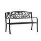 Two-person cast-iron garden bench with 'WELCOME' scrollwork backrest