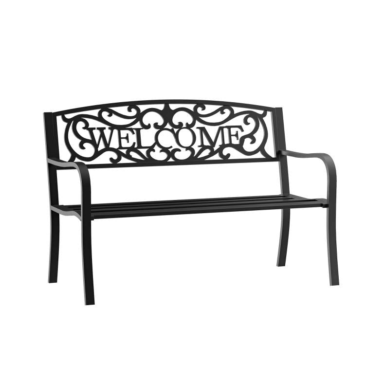 Two-person cast-iron garden bench with 'WELCOME' scrollwork backrest