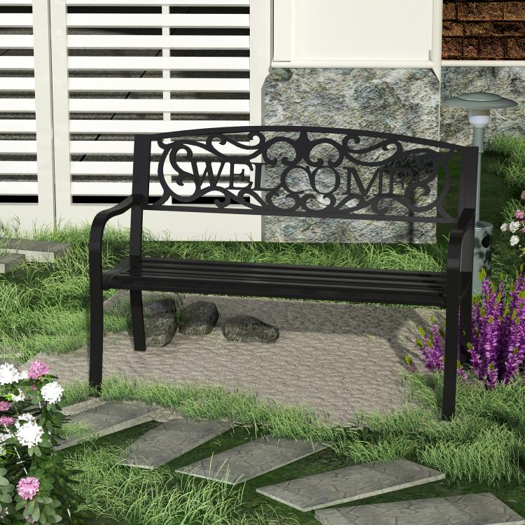 Black 2-person outdoor bench with vine "WELCOME" backrest and armrests.