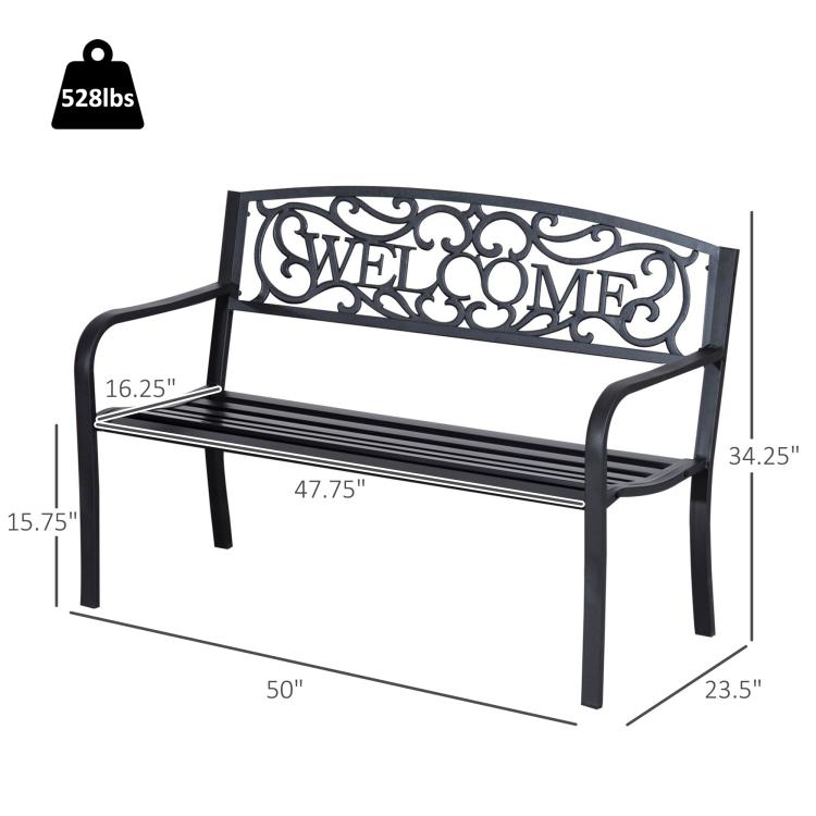 Black metal garden bench loveseat with "WELCOME" backrest and slatted seat.
