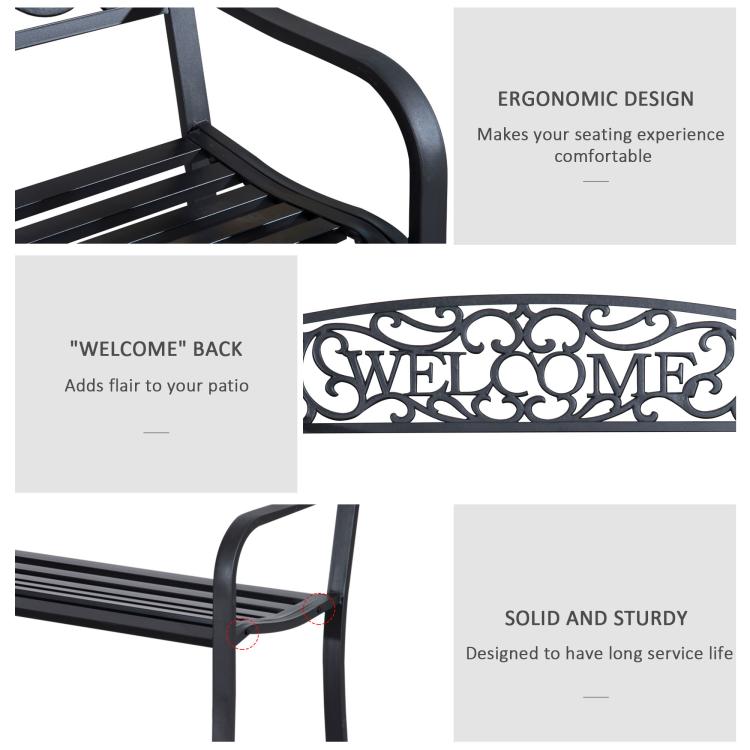 Black garden bench with curved armrests, slatted seat, and "WELCOME" back panel.