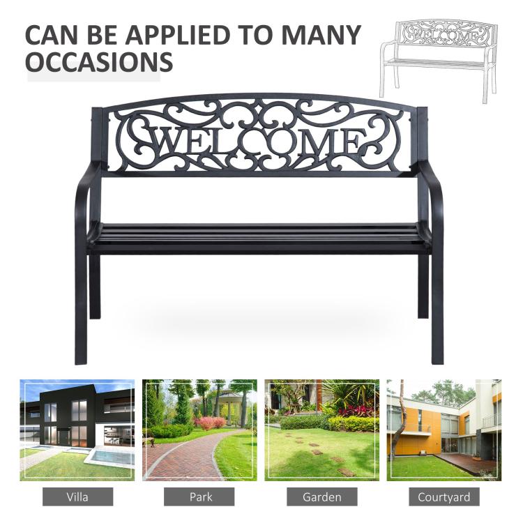 Black 2-seat garden bench with vine "WELCOME" backrest and slatted seat.