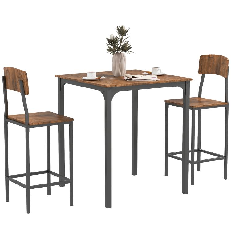 Square pub table with two bar stools, dark wood tabletop and black metal legs
