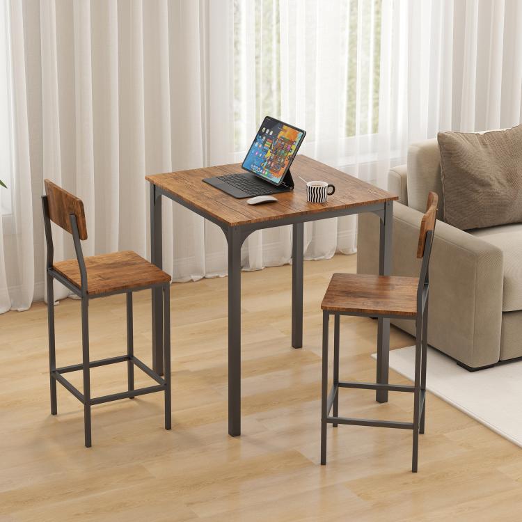 Square pub dining table with two walnut bar stools, black metal legs