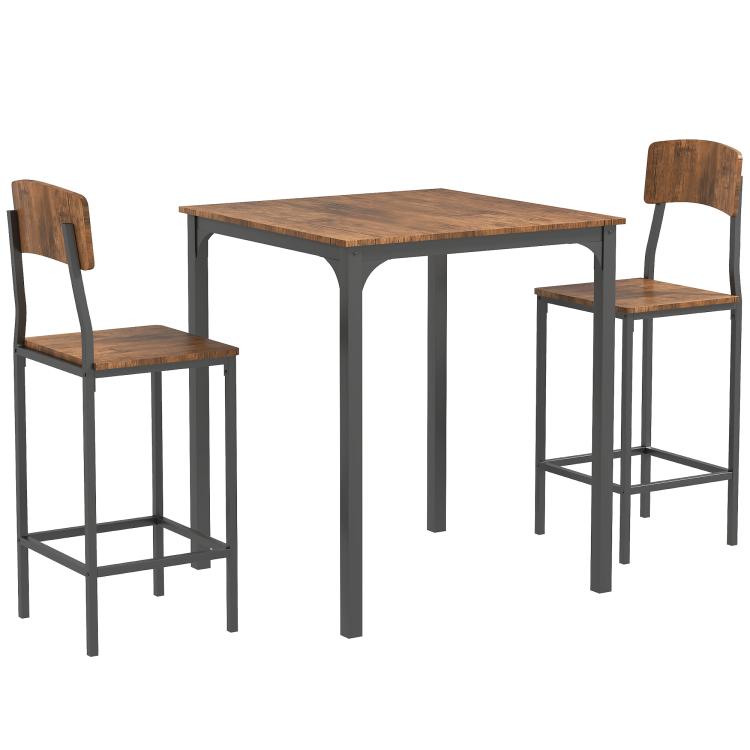 Square dining table with two walnut bar stools, black metal frames