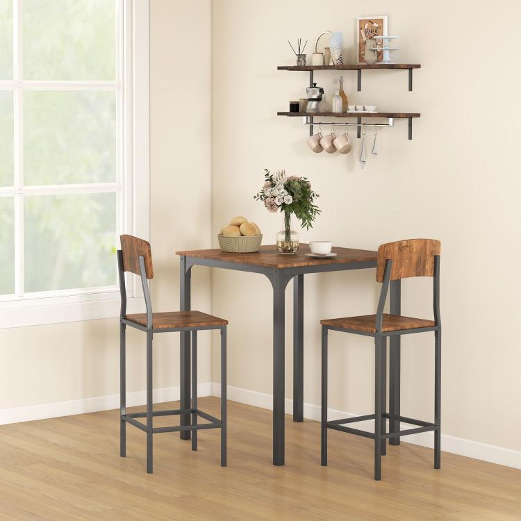 Small dining pub table with two bar-height stools, warm wood seats and black frames