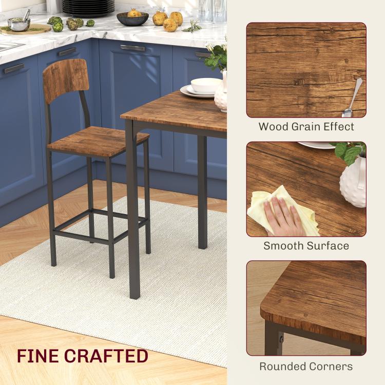 Wood-grain tabletop and stool seat details on square pub table set