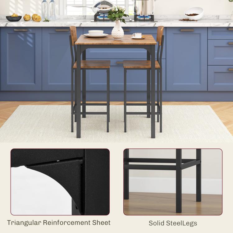Square pub table set with two stools in kitchen, walnut-style top and black steel legs