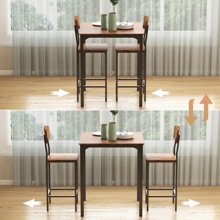 Pub table with two stools, front view stability and height indicators
