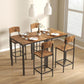 Square pub table with two bar stools, warm wood tops and black metal frames
