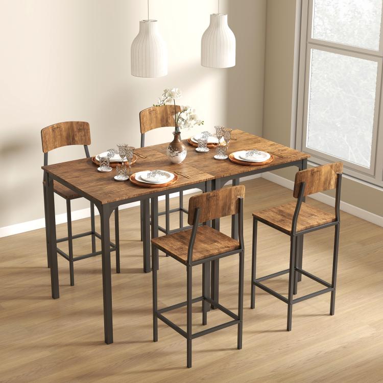 Square pub table with two bar stools, warm wood tops and black metal frames