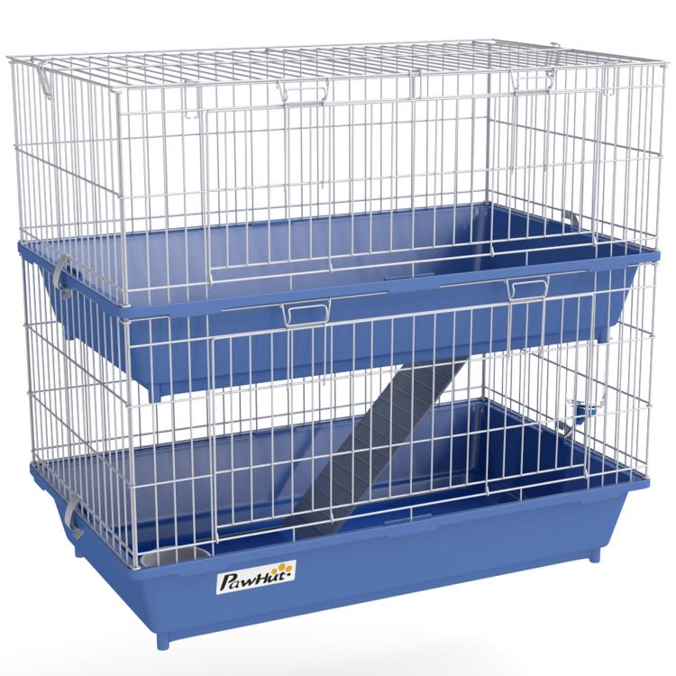 Two-tier small animal cage, blue base trays and wire enclosure with front doors