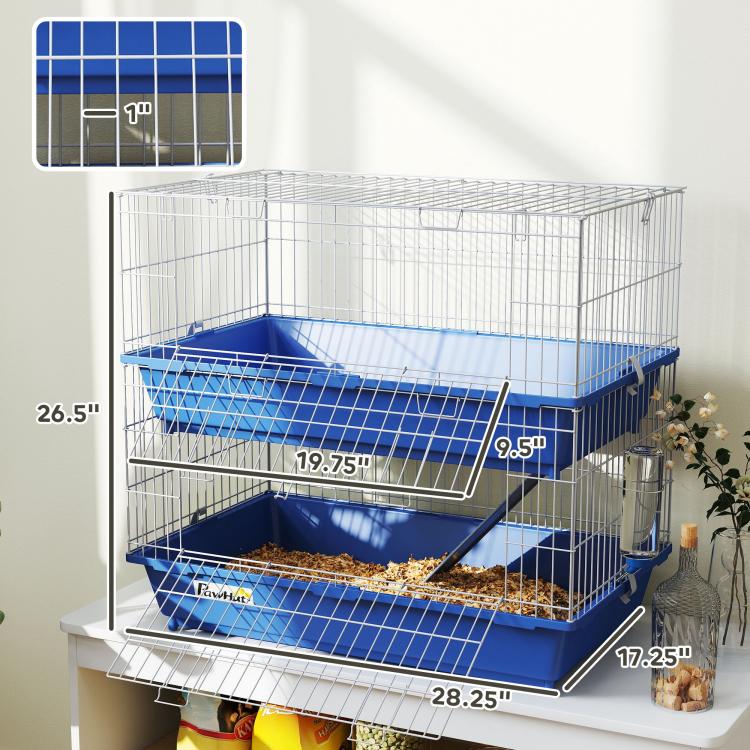 Blue wire 2-tier small animal cage with ramps and two front openings, with measured height