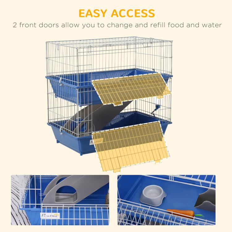 Blue wire small animal cage with two front doors and removable yellow access panels