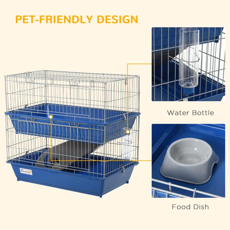 Blue wire 2-tier small animal cage with water bottle and built-in food dish on base tray