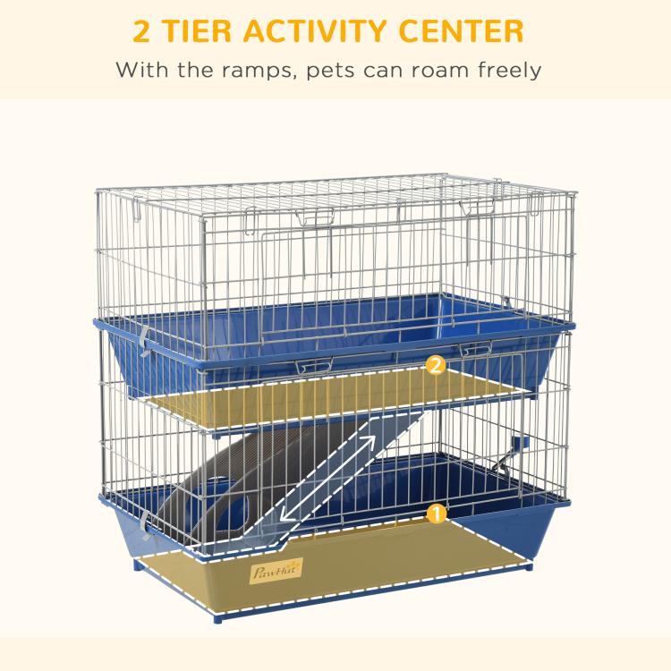 Blue wire 2-tier activity center small animal cage with ramp between levels and front doors