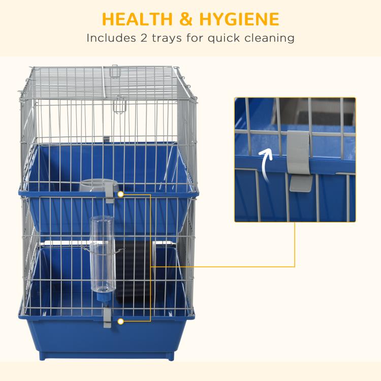 Blue wire 2-tier small animal cage showing included side trays for quick cleaning