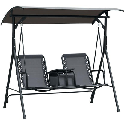 Gray 2-person porch swing with canopy, dark-gray sling seats, center table with cup holders