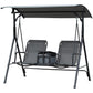 Gray 2-person porch swing with canopy, two sling seats, center storage table