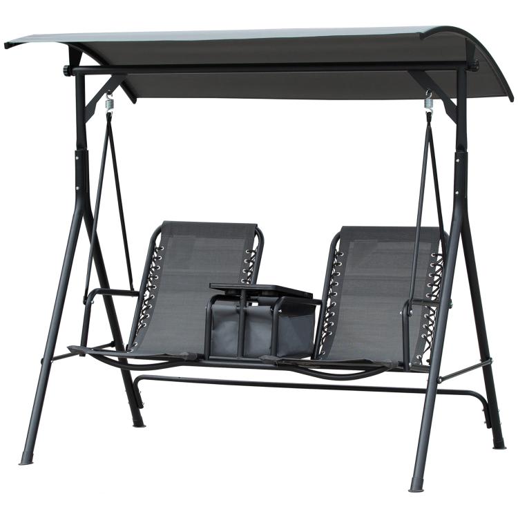 Gray 2-person porch swing with canopy, two sling seats, center storage table