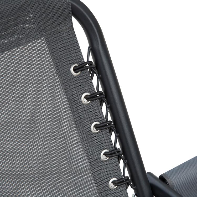 Gray porch swing seat fabric with black chain links and curved arm frame