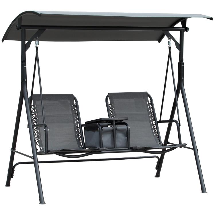 Gray 2-person porch swing with canopy and integrated cup holder, front view
