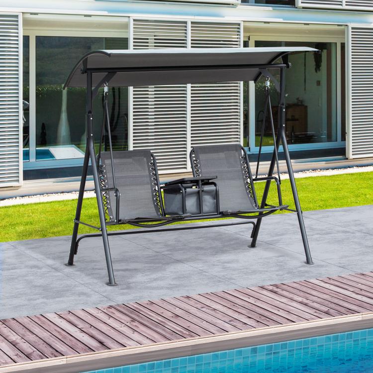 Gray 2-person porch swing with canopy, two sling seats, center cup-holder table