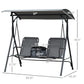 Gray 2-person porch swing canopy with two sling seats and center storage table (dimensions)