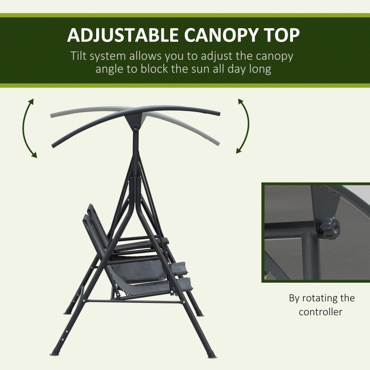 Adjustable canopy top for gray porch swing with tilt system controller
