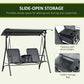Slide-open storage table with drink holders on gray 2-person porch swing