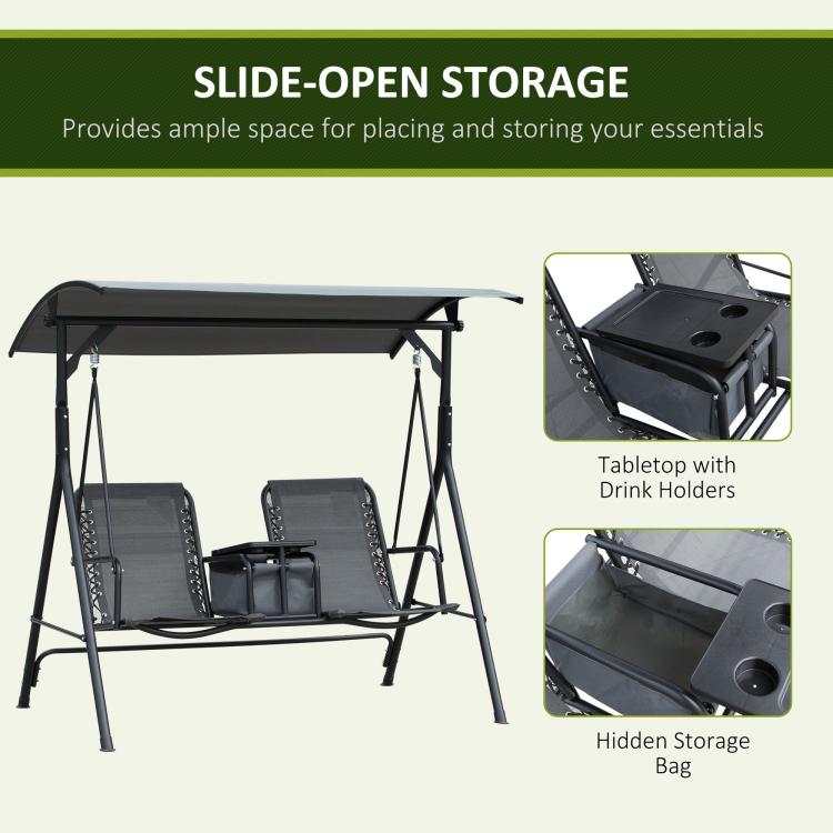 Slide-open storage table with drink holders on gray 2-person porch swing