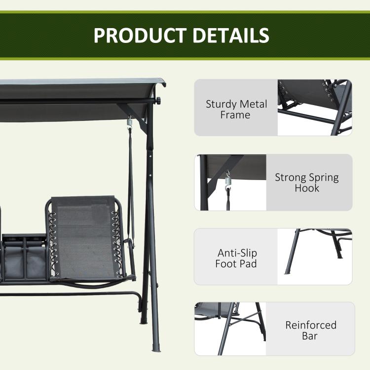 Gray porch swing details: sturdy metal frame, spring hook, anti-slip foot pads