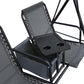Gray porch swing close-up: tabletop with two drink-holder holes and two sling seats