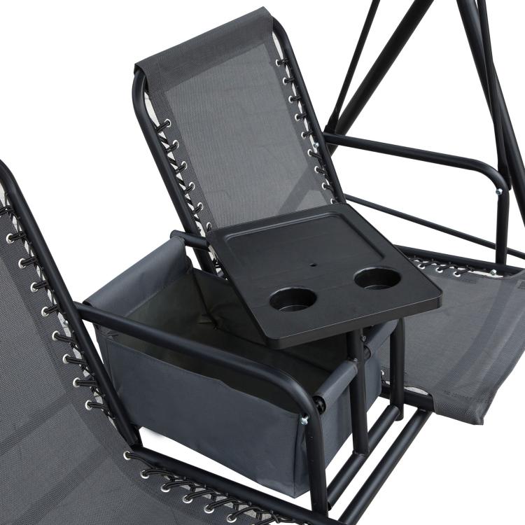 Gray porch swing close-up: tabletop with two drink-holder holes and two sling seats