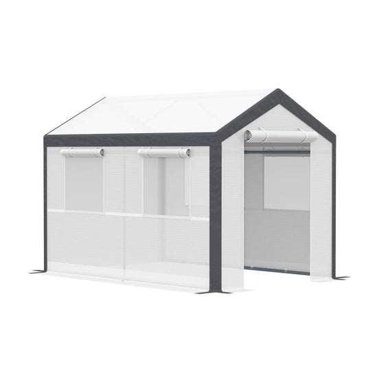 Walk-in tunnel greenhouse with white PE cover and dark steel frame, open entrance front view
