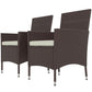 Two dark coffee wicker patio dining chairs with armrests and light seat cushions