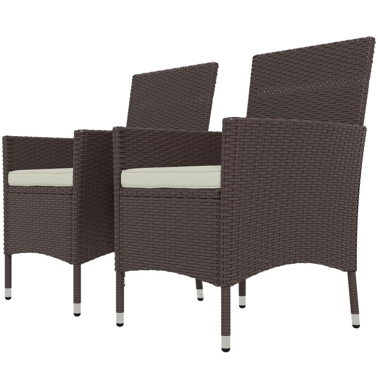Two dark coffee wicker patio dining chairs with armrests and light seat cushions