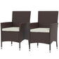 Set of 2 wicker patio dining chairs with dark cushions and woven armrests