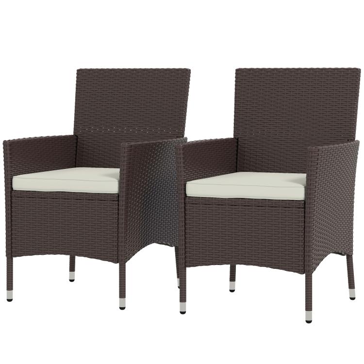 Set of 2 wicker patio dining chairs with dark cushions and woven armrests